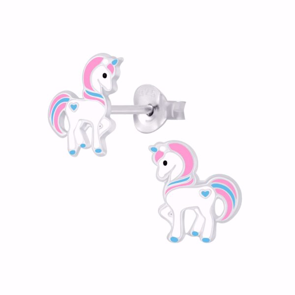 Unicorn enhjørning øreringe i sølv med lyserød manke