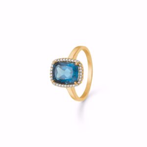 Diamant ring med london blå topas og små diamanter i 14 karat rødguld