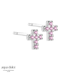 Aqua Dulce kors ørestikker rosa zirkonia i sølv 4522
