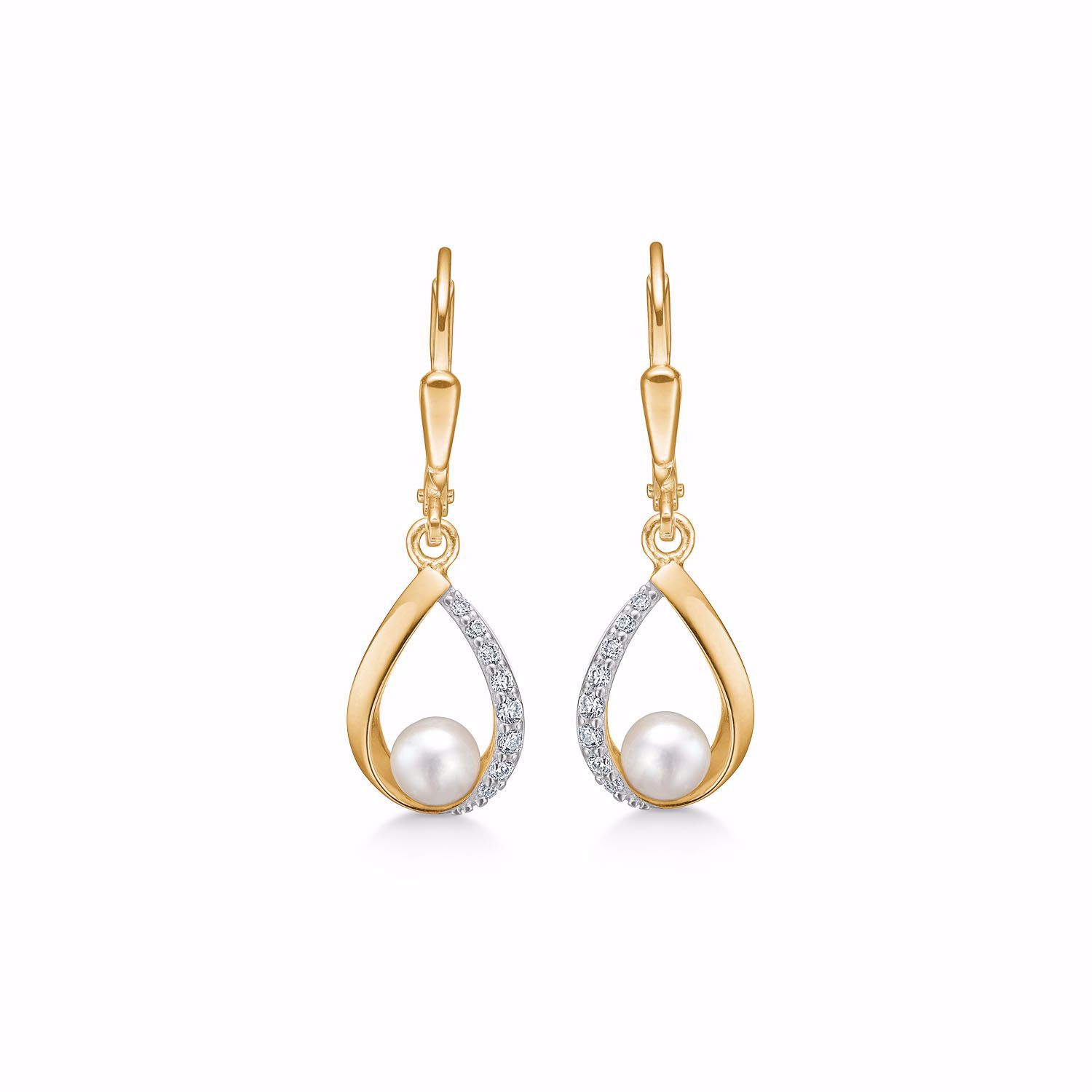 forfremmelse sagde Sædvanlig 8kt guld hænge øreringe med perle & zirkonia sten - Dansk design
