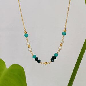 Seville Jewelry halskæde grøn sten & hvide perler 81008/45/F