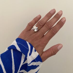 ring i 925 sterling sølv med et firkløver på toppen af ringen. I en af bladene sidder en lille klar zirkonia sten