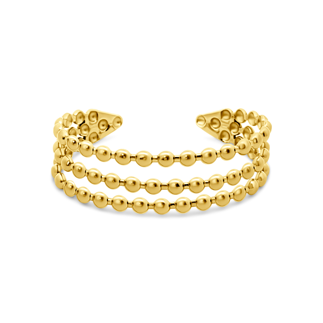 Guldfarvet stål armring med 3 rækker af kugler