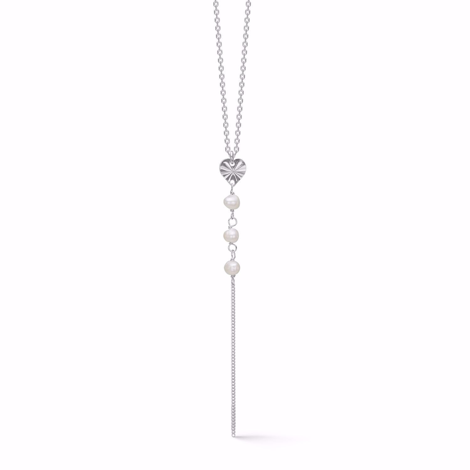 Y-halskæde Viola med perler & plissé hjerte i sølv - Seville Jewelry