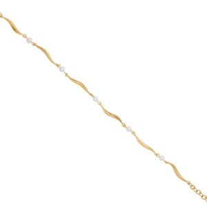 Forgyldt armbånd med små hvide ferskvandsperler og buede led, længde 20 cm.