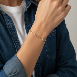 Forgyldt armbånd med små hvide ferskvandsperler og buede led, længde 20 cm.