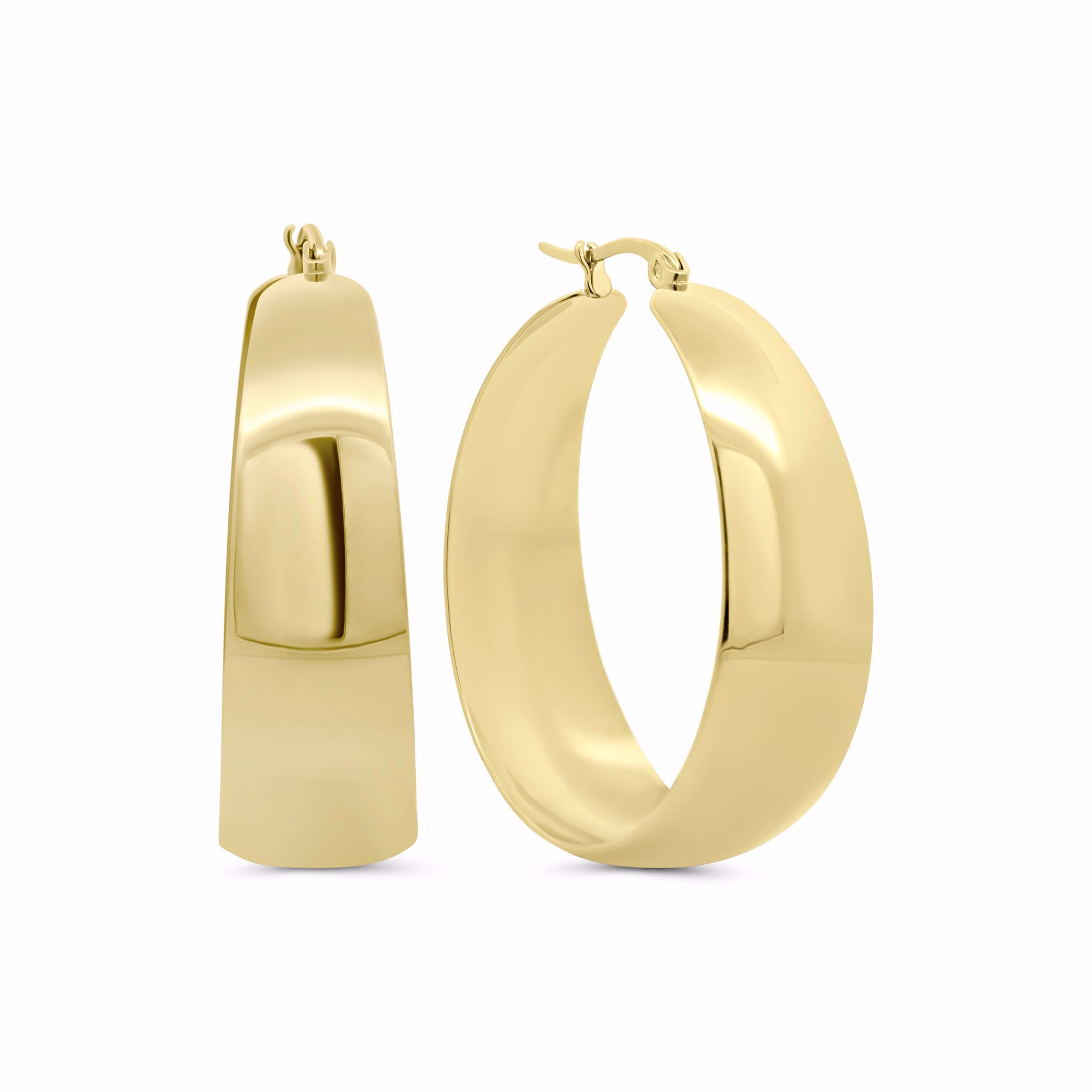 Store blankpolerede hoops i PVD‑guldbelagt rustfrit stål, 40 mm.