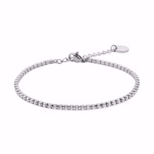 Tennisarmbånd i rustfrit stål med klare sten.