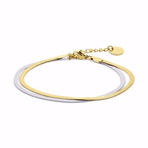 Dobbelt armbånd i stål og PVD‑guldfarvet stål med flad slangekæde.