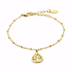 Armbånd i PVD‑guldfarvet stål med livets træ.