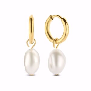 Guldcreoler i PVD‑guldfarvet stål med barok perle.