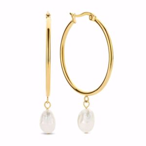 Store Creoler i PVD‑guldfarvet stål med barok perle.