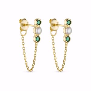 Forgyldte øreringe med grøn zirkonia og hvid perle.