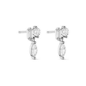 Små hængeøreringe i 925 sterling sølv med klare zirkonia i flere faconer. Længde 1,2 cm.