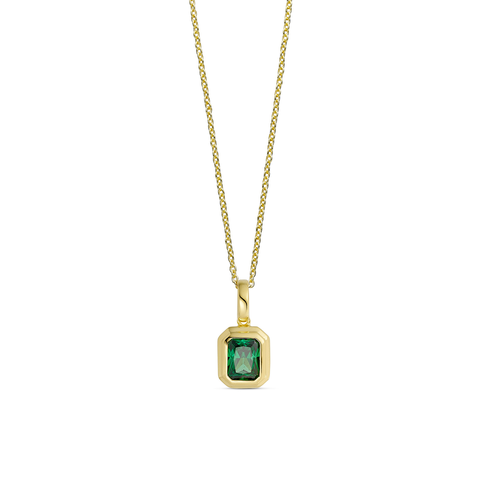 Forgyldt halskæde med grøn emerald‑cut zirkonia. Kæde 45 cm. Vedhæng 20 mm.