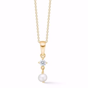 Halskæde i forgyldt 925 sterling sølv med klar zirkonia og hvid ferskvandsperle