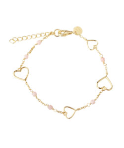 ALMA armbånd i forgyldt 925 sterling sølv med åbne hjerter og rosa perler fra Aqua Dulce.