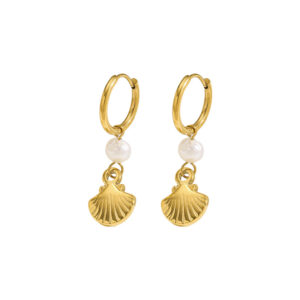 Beach Hoops i guldfarvet rustfrit stål med perle og muslingeska
