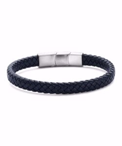 Herrearmbånd i blåt flettet læder med stållås, 8 mm, 21 cm, justerbar via midterled.