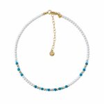 Forgyldt sølv ankelkæde med shell‑perler, aquamarin og indicolite 23+4 cm.
