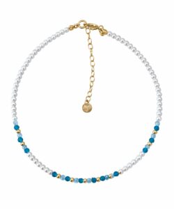 Forgyldt sølv ankelkæde med shell‑perler, aquamarin og indicolite 23+4 cm.