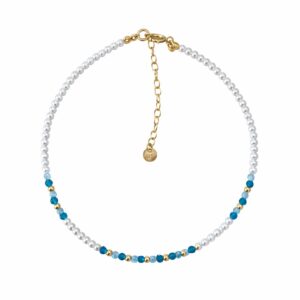 Forgyldt sølv ankelkæde med shell‑perler, aquamarin og indicolite 23+4 cm.