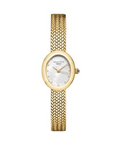 Rosefield Mini’s ur med perlemor skive og gylden mesh‑rem.