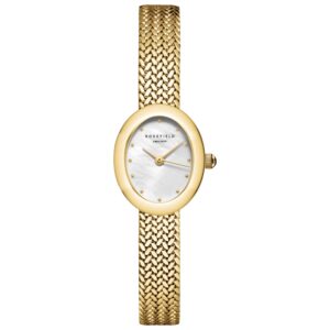 Rosefield Mini’s ur med perlemor skive og gylden mesh‑rem.
