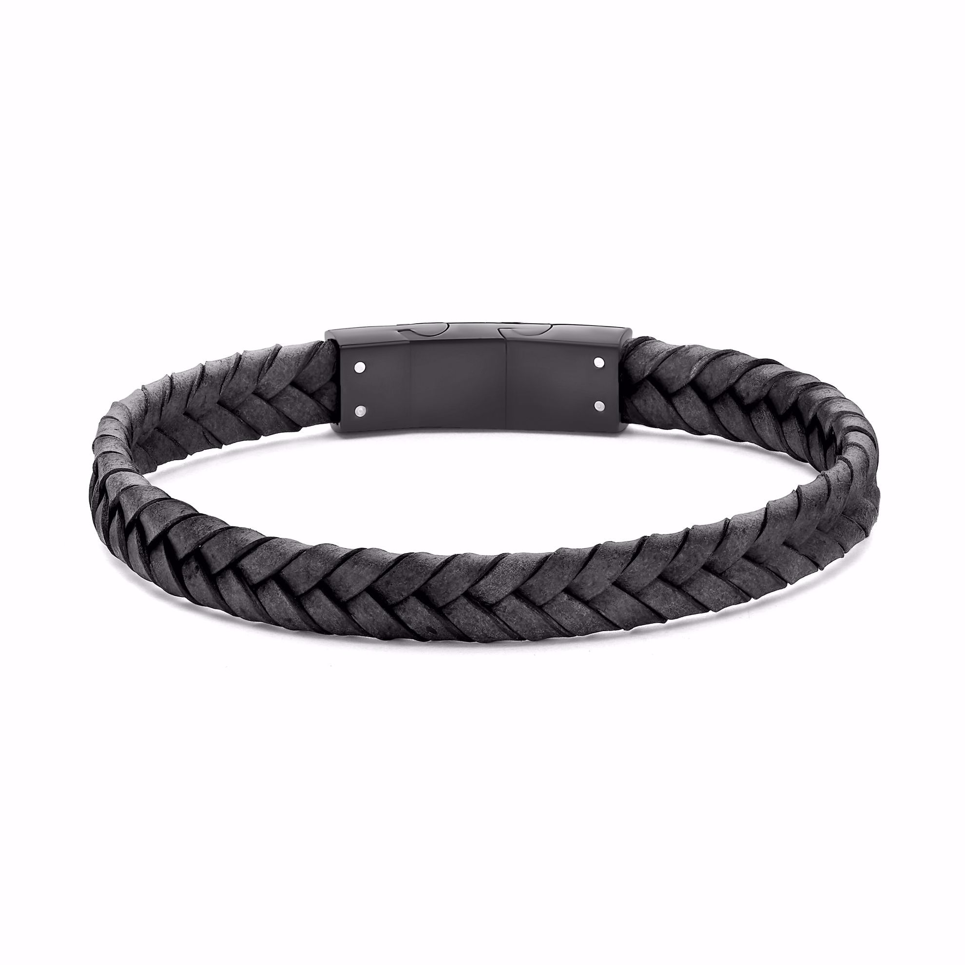 Sort flettet herre læder armbånd med sort stållås fra Frank1967