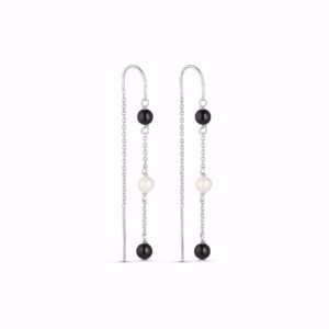 Zita kæde øreringe i rhodineret 925 sterling sølv med sort onyx og hvid perle fra Seville Jewelry