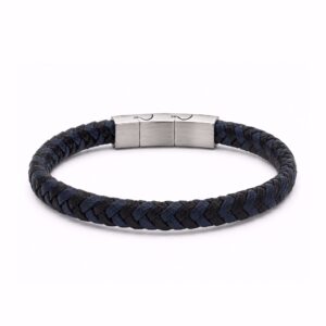 Frank1967 herre læderarmbånd i sort og blå flet med stållås