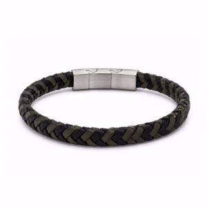 Frank1967 herre læderarmbånd i sort og grøn flet med stållås