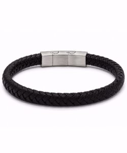 Frank1967 sort flettet herre læderarmbånd med stållås