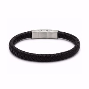 Frank1967 sort flettet herre læderarmbånd med stållås