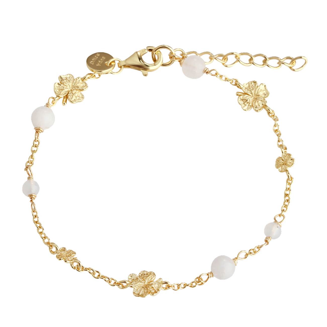 Firkløver armbånd i forgyldt 925 sterling sølv fra Aqua Dulce med lyse stenperler