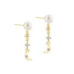 Aqua Dulce DREAMLIT PEARL øreringe i forgyldt 925 sterling sølv med ferskvandsperle, måne og zirkonia