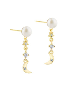 Aqua Dulce DREAMLIT PEARL øreringe i forgyldt 925 sterling sølv med ferskvandsperle, måne og zirkonia