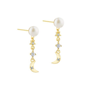Aqua Dulce DREAMLIT PEARL øreringe i forgyldt 925 sterling sølv med ferskvandsperle, måne og zirkonia