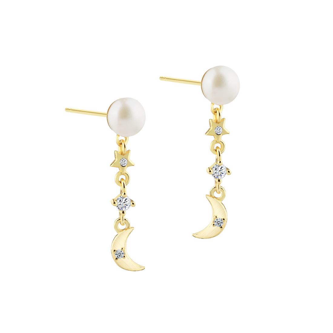 Aqua Dulce DREAMLIT PEARL øreringe i forgyldt 925 sterling sølv med ferskvandsperle, måne og zirkonia