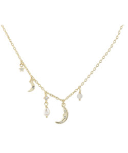 Aqua Dulce DREAMLIT halskæde i forgyldt 925 sterling sølv med måne, ferskvandsperle og zirkonia