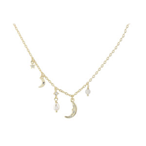 Aqua Dulce DREAMLIT halskæde i forgyldt 925 sterling sølv med måne, ferskvandsperle og zirkonia