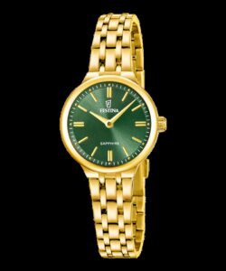 Festina Mademoiselle F20745/3 dameur med grøn skive, guldfarvet stållænke og rund urkasse på 26 mm.