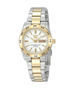 Seiko Classic Automatic SYMG42K1 dameur med lys urskive, guldfarvet krans og 2-farvet stållænke