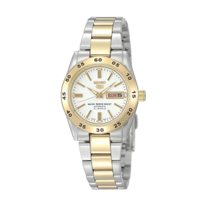 Seiko Classic Automatic SYMG42K1 dameur med lys urskive, guldfarvet krans og 2-farvet stållænke