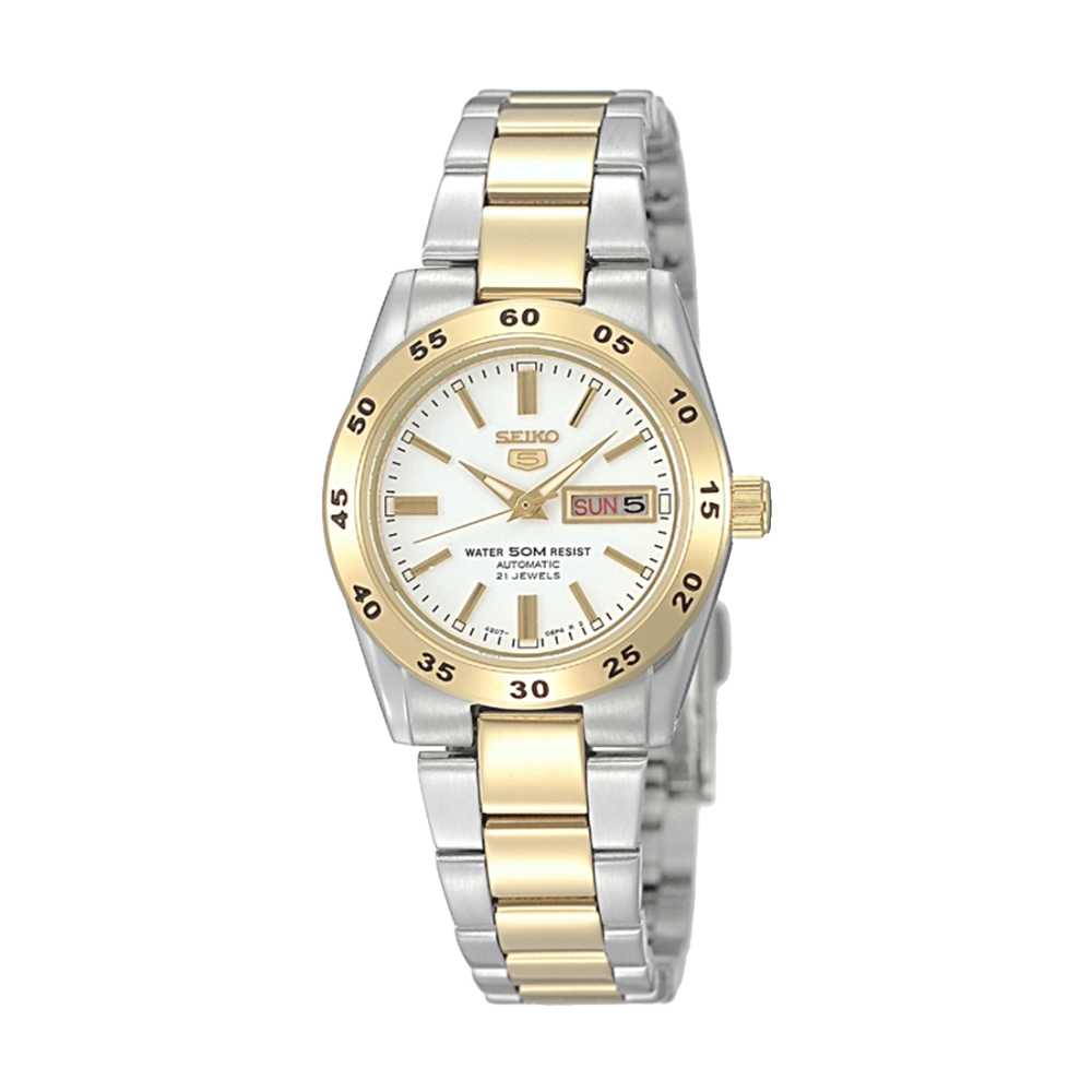 Seiko Classic Automatic SYMG42K1 dameur med lys urskive, guldfarvet krans og 2-farvet stållænke