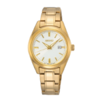 Seiko Classique SUR632P1 dameur i guldfarvet stål med hvid urskive, guldfarvede visere og datovisning