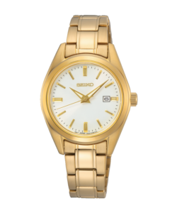 Seiko Classique SUR632P1 dameur i guldfarvet stål med hvid urskive, guldfarvede visere og datovisning