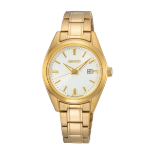 Seiko Classique SUR632P1 dameur i guldfarvet stål med hvid urskive, guldfarvede visere og datovisning