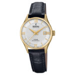 Festina Swiss Made dameur F20011/1 med grå urskive, guldfarvet urkasse og sort læderrem