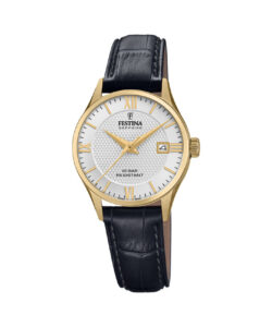 Festina Swiss Made dameur F20011/1 med grå urskive, guldfarvet urkasse og sort læderrem